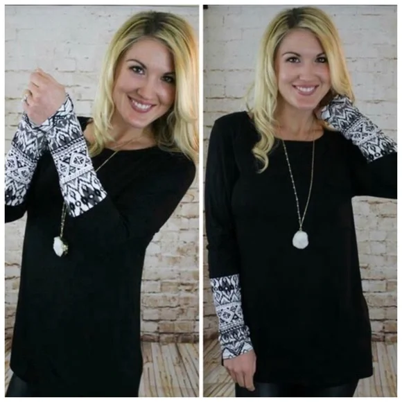 Chris & Carol, Black Long Sleeve Shirt With Contrast Tribal Cuffs - Picture 2 of 7